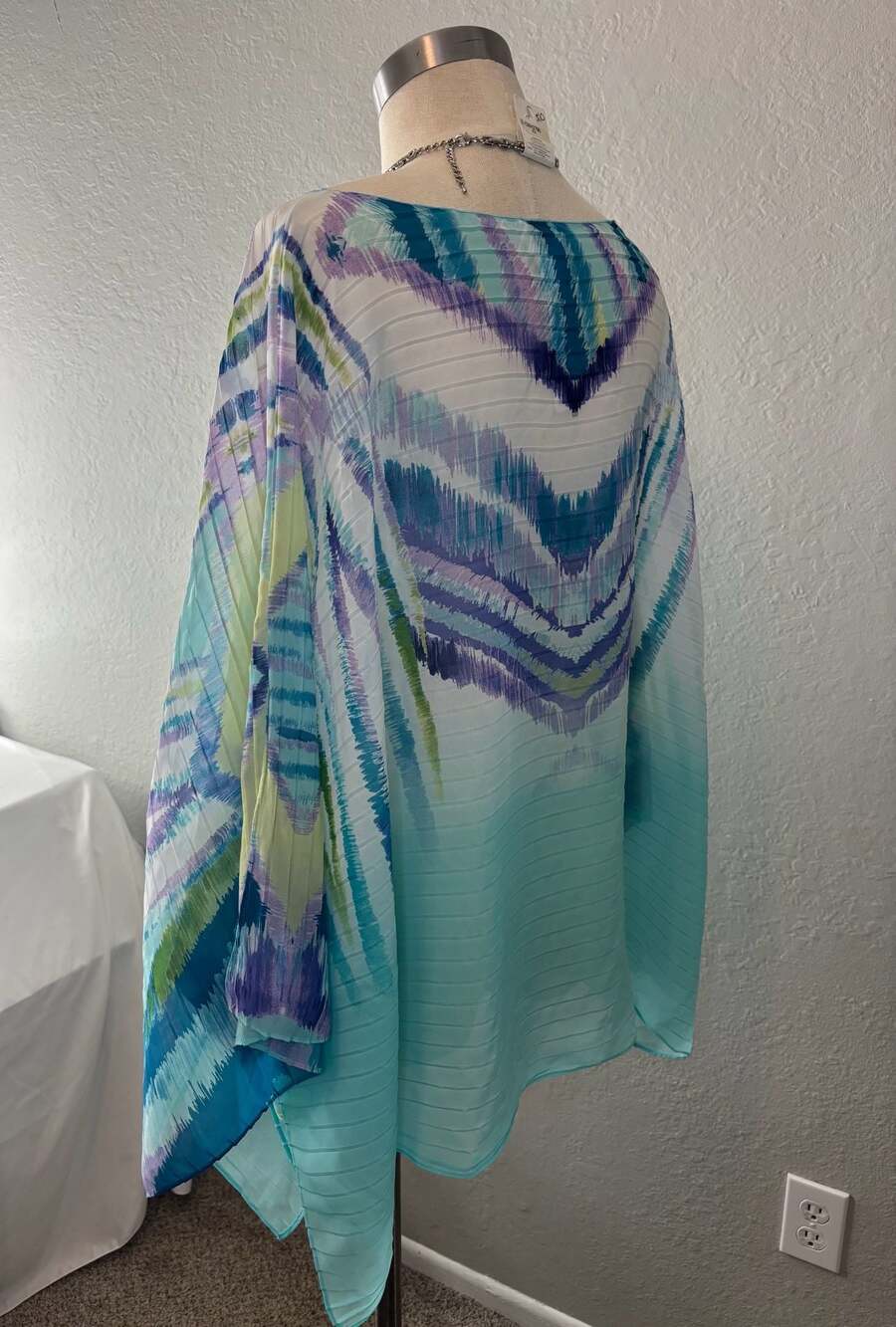 Chico's Abstract Ikat Print Pleated Chiffon Poncho Blouse - Picture 6 of 10